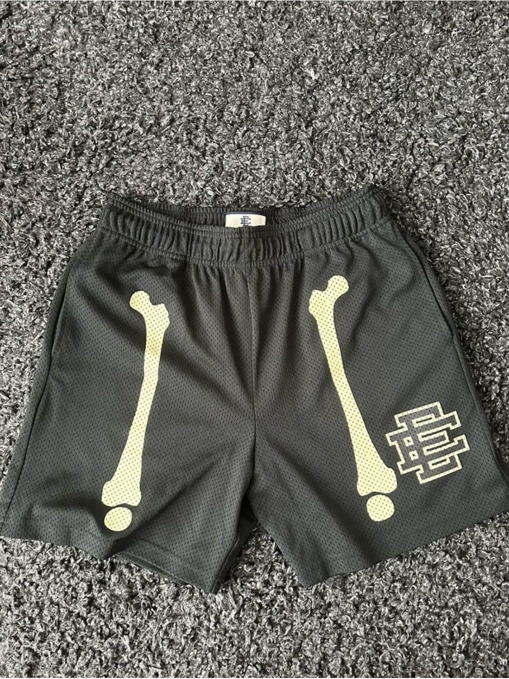 Eric Emanuel Black Mesh Shorts with Cream Bone Graphics